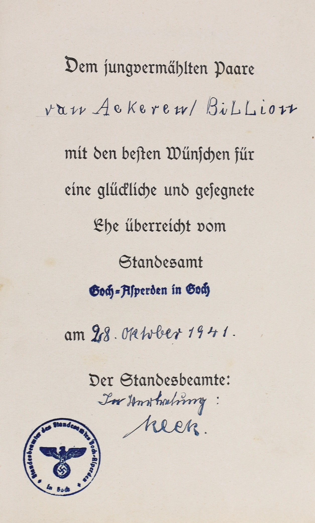 Hitler, Adolf - Mein Kampf, wedding edition, given to a married couple in the Third Reich, 8vo, leather back paper boards, Munich, 1940, in slip case , together with a card, in German, ‘’Congratulations on Christmas and